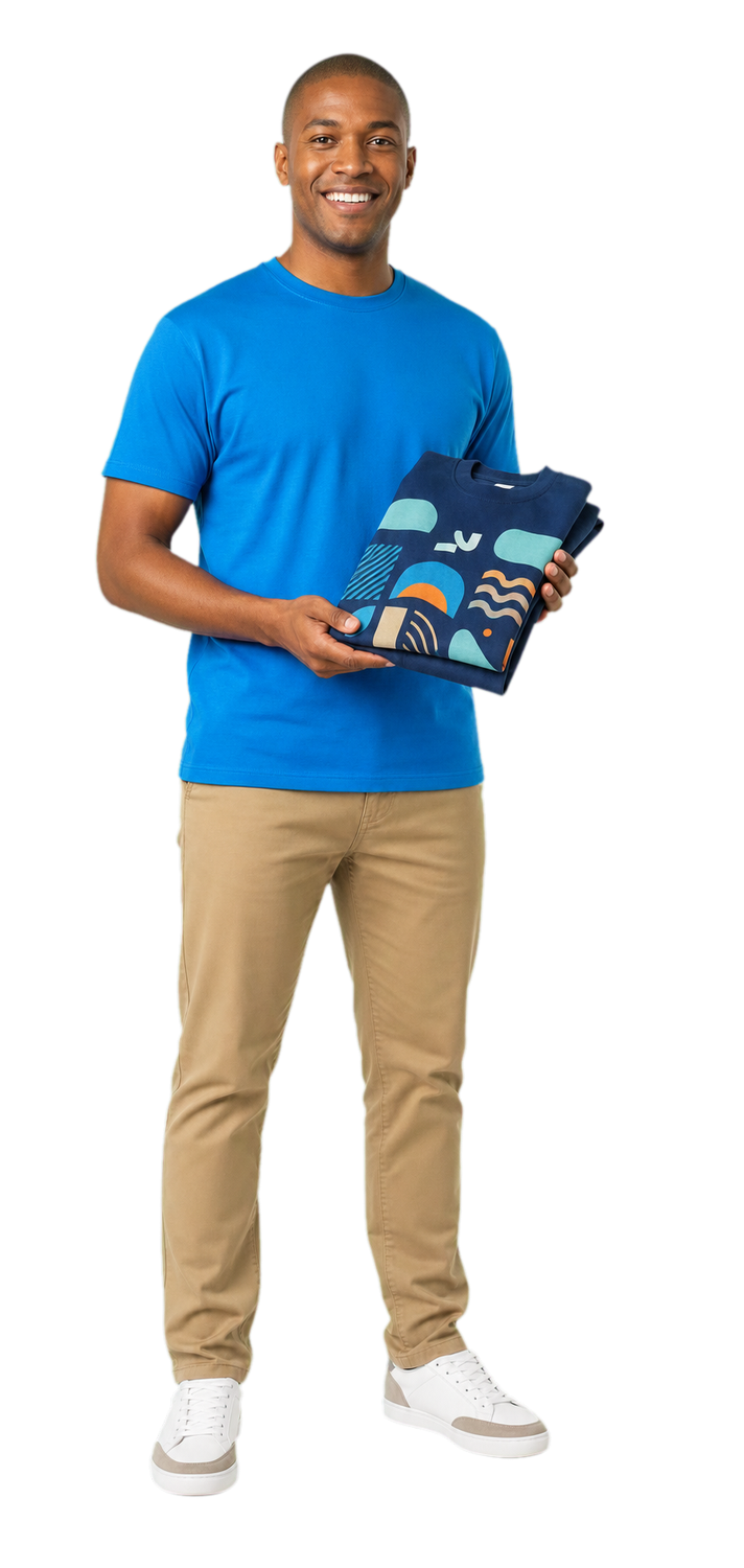 Cape Town print specialist in an ocean-blue T-shirt holding a garment sample