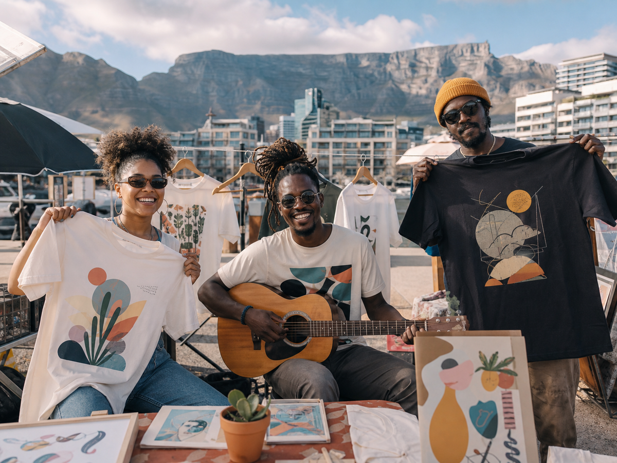Cape Town market creatives displaying independently designed T-shirts